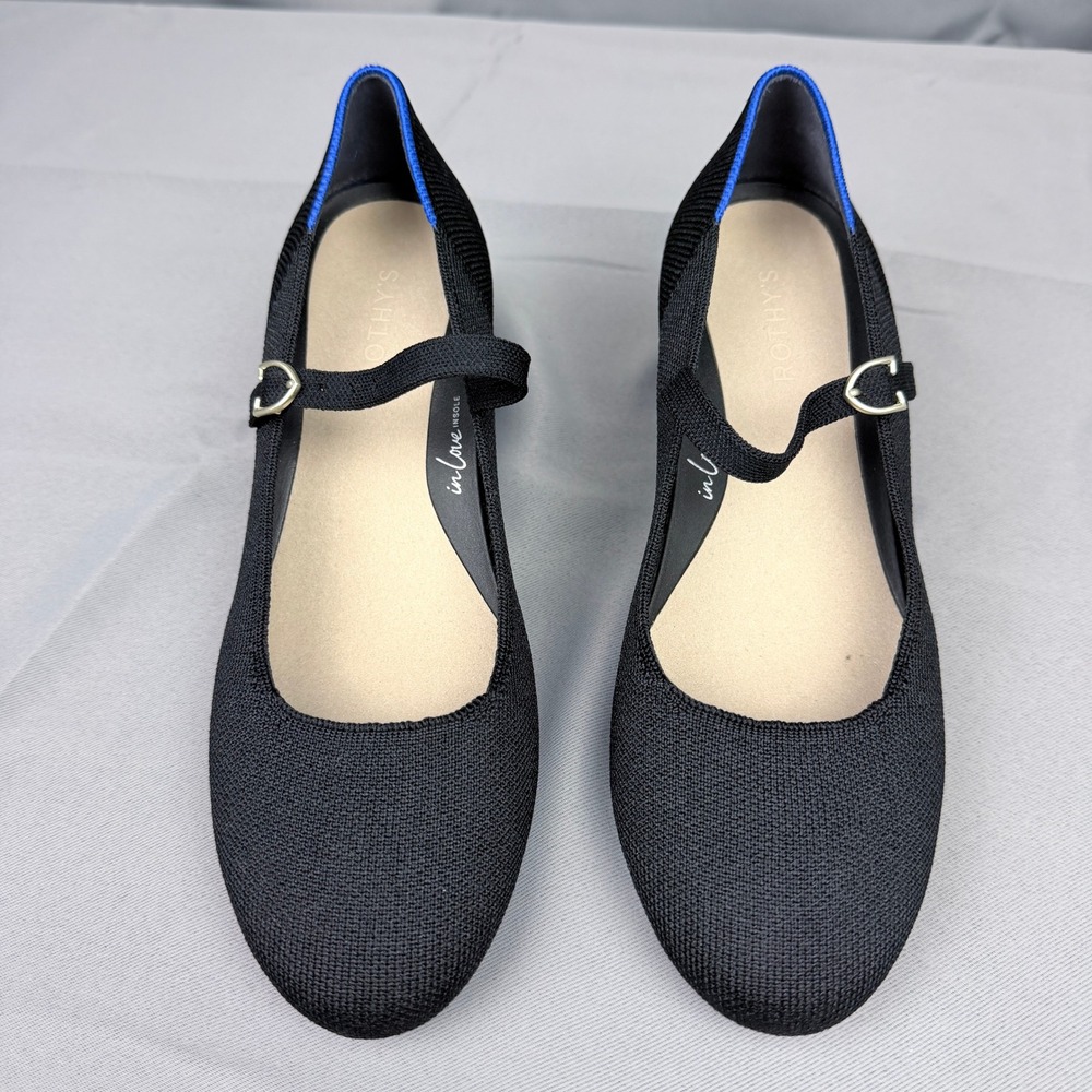 Rothys The Mary Jane Block Heel Black Solid Knit Shoes W8.5 223-001 - Picture 3 of 11